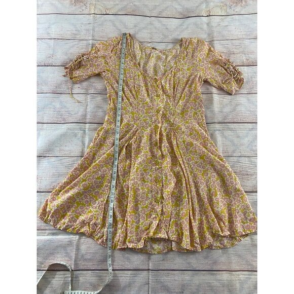 Free People Women's Yellow Floral Lace Up Mini Dress - Medium - Picture 4 of 14